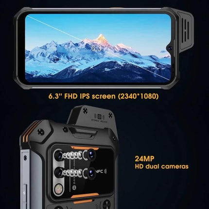 Waterproof Rugged Smartphone for Daily Outdoor Use showing 6.3" FHD screen and 24MP dual cameras, rugged water-resistant design for outdoor work