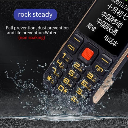 Rugged Waterproof Phone for Everyday Outdoor Use and Communication showing keypad splashing water, durable dust- and fall-resistant design