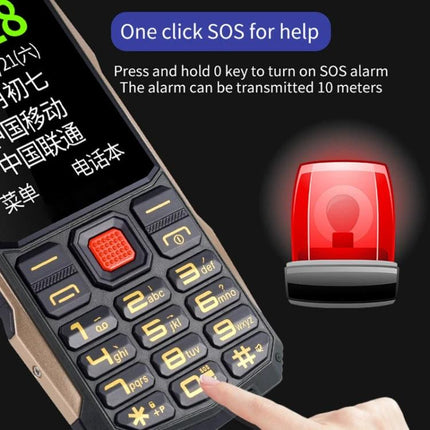 Rugged Waterproof Phone for Everyday Outdoor Use and Communication showing keypad SOS button and alarm icon