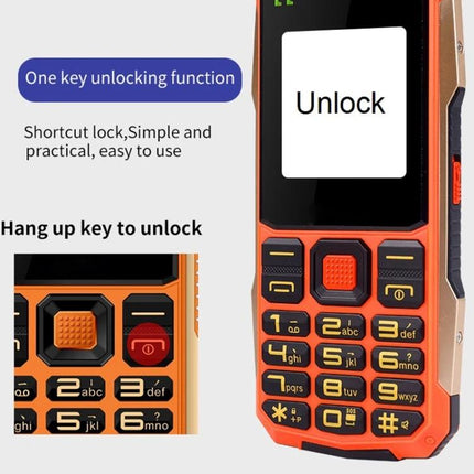 Rugged Waterproof Phone for Everyday Outdoor Use and Communication showing orange rugged keypad and one key unlock screen