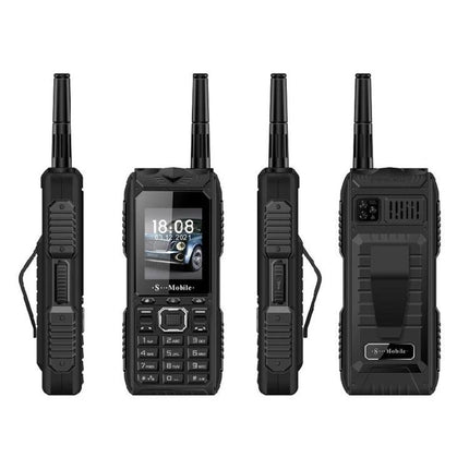 Durable Rugged Mobile Phone with Quad SIM Capability shown from front, sides and back, black rugged design with antenna and keypad