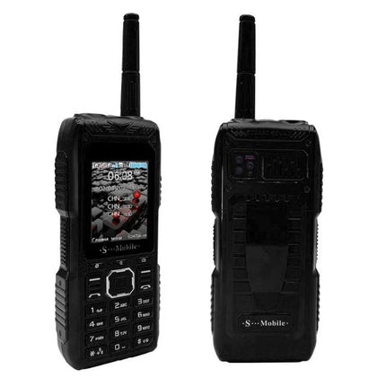 Durable Rugged Mobile Phone with Quad SIM Capability front and back view showing keypad, screen and antenna for multi-line travel use