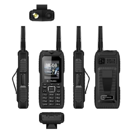 Durable Rugged Mobile Phone with Quad SIM Capability shown from multiple angles, black rugged design with antenna and keypad
