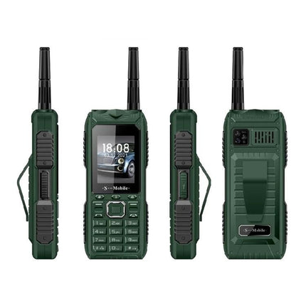 Durable Rugged Mobile Phone with Quad SIM Capability shown front, side and back views in green with antenna and keypad