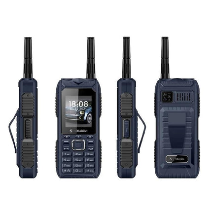 Durable Rugged Mobile Phone with Quad SIM Capability shown front, side and back views in navy blue, built for travel and multi-line use