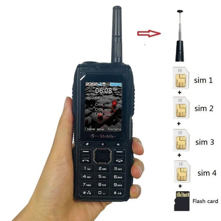 Durable Rugged Mobile Phone with Quad SIM Capability handheld device showing four SIM slots and antenna