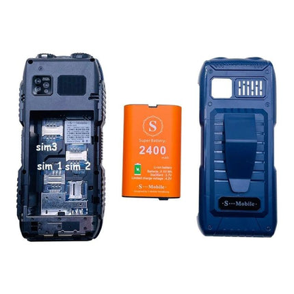 Durable Rugged Mobile Phone with Quad SIM Capability showing three SIM slots and removable battery
