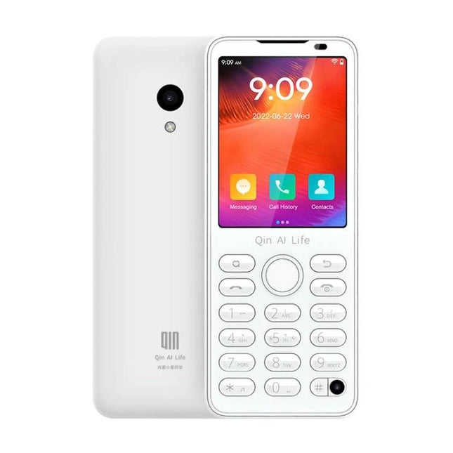 Compact Android device for daily tasks and travel connectivity shown front and back in white, compact phone with keypad and color screen