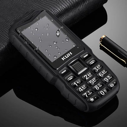Durable Rugged Phone for Outdoor Use with Dust and Shock Protection - black waterproof rugged handset with keypad and water droplets
