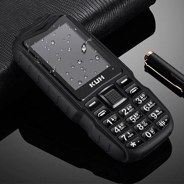 Durable Rugged Phone for Outdoor Use with Dust and Shock Protection - black waterproof rugged handset with keypad and water droplets