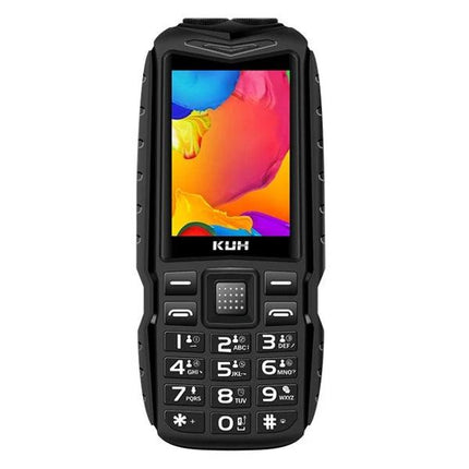 Durable Rugged Phone for Outdoor Use with Dust and Shock Protection - black rugged feature phone with keypad, colorful display for hiking and desert use