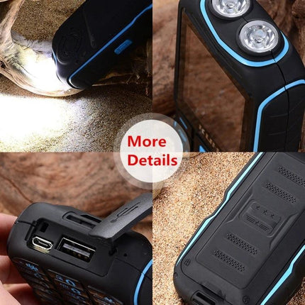 Durable Rugged Phone for Outdoor Use with Dust and Shock Protection shown in four close-up detail shots highlighting ports, lights, and durable casing