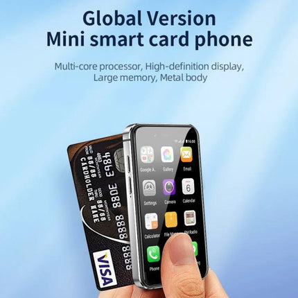 Compact Android Phone for Daily Communication and Photos slim mini smart card phone held with credit card showing apps and camera