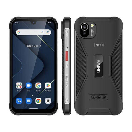 UNIWA W555 Rugged Waterproof Smartphone for Tough Environments front, side, and back views showing rugged design, NFC, and camera