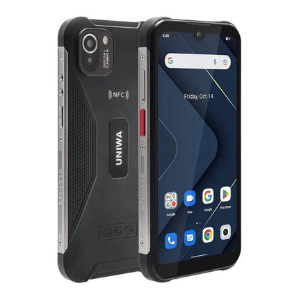 UNIWA W555 Rugged Waterproof Smartphone for Tough Environments - black rugged phone showing front screen and textured back with NFC and camera
