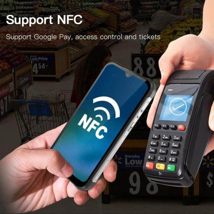 UNIWA W555 Rugged Waterproof Smartphone for Tough Environments showing NFC mobile payment at a card terminal in a store