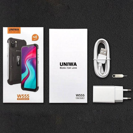 UNIWA W555 Rugged Waterproof Smartphone for Tough Environments with box, charger, USB cable and SIM ejector displayed