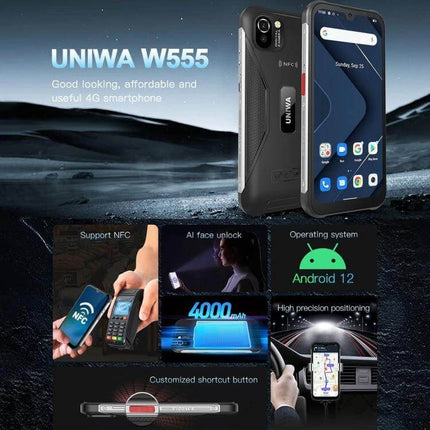 UNIWA W555 Rugged Waterproof Smartphone for Tough Environments showing rugged phone, NFC, 4000mAh battery, Android 12 and outdoor use