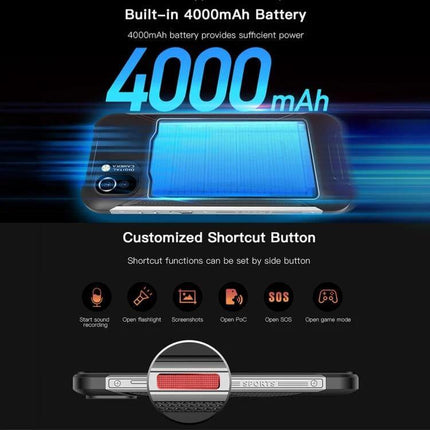 UNIWA W555 Rugged Waterproof Smartphone for Tough Environments showing 4000mAh battery and customizable shortcut button