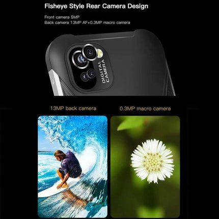 UNIWA W555 Rugged Waterproof Smartphone for Tough Environments showing fisheye rear camera design with 13MP back and 0.3MP macro lens