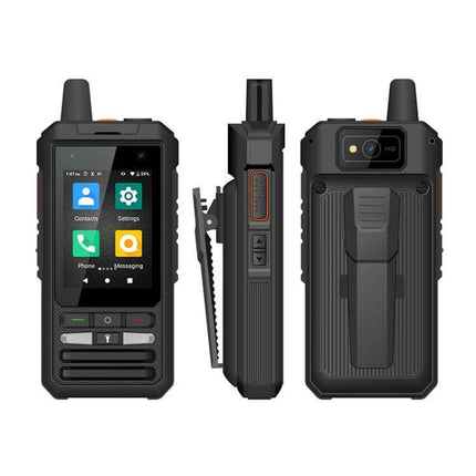 Tough Waterproof Shockproof Android Phone for Outdoor Use shown front side, side clip and back with rugged build and dedicated buttons