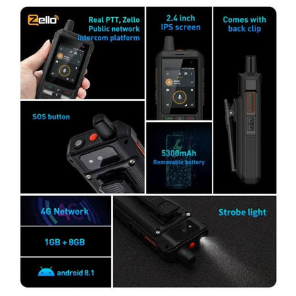 Tough Waterproof Shockproof Android Phone for Outdoor Use showcasing 2.4-inch IPS, SOS button, 5300mAh battery, strobe light and back clip