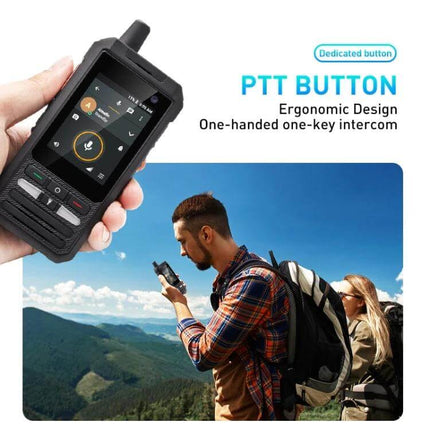 Tough Waterproof Shockproof Android Phone for Outdoor Use with PTT button shown in hand and hikers using device for one-handed communication