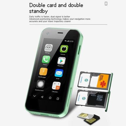 Compact Smartphone for Daily Calls and Messages On the Go showing compact green phone with dual SIM and microSD trays