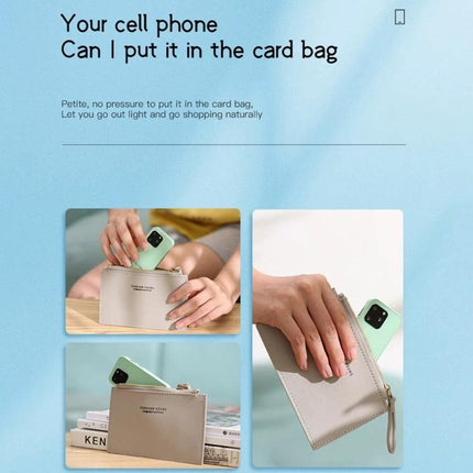 Compact Smartphone for Daily Calls and Messages On the Go - mint compact phone slipping into a small card bag to show pocketable travel convenience