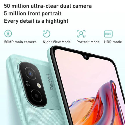 Essential Smartphone for Daily Communication and Entertainment showing mint-green phone with dual 50MP camera, front notch, and icons for Night View, Portrait, HDR