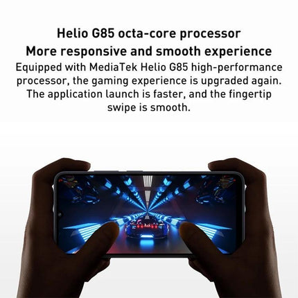 Essential Smartphone for Daily Communication and Entertainment showing hands holding phone playing a racing game with Helio G85 performance text