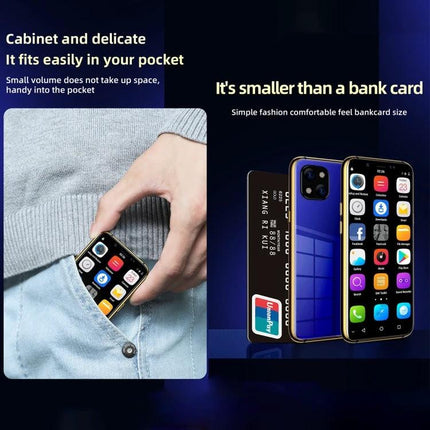 Compact Android Device for Everyday Communication and Security shown pocket-sized beside a bank card, highlighting compact design and mobile apps
