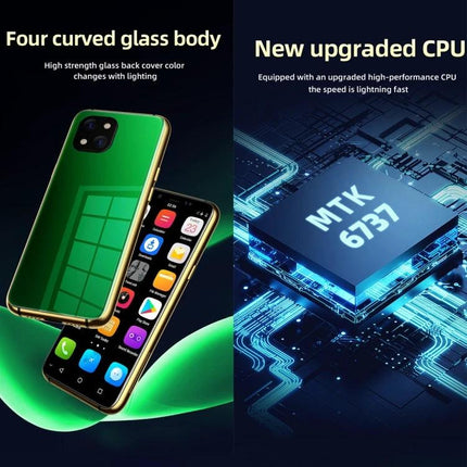 Compact Android Device for Everyday Communication and Security showing a slim green phone with curved glass and MTK 6737 CPU highlights