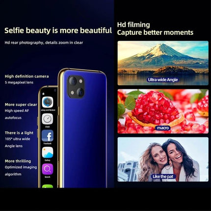 Compact Android Device for Everyday Communication and Security compact smartphone showing rear camera module, HD filming, ultra wide, macro and portrait examples