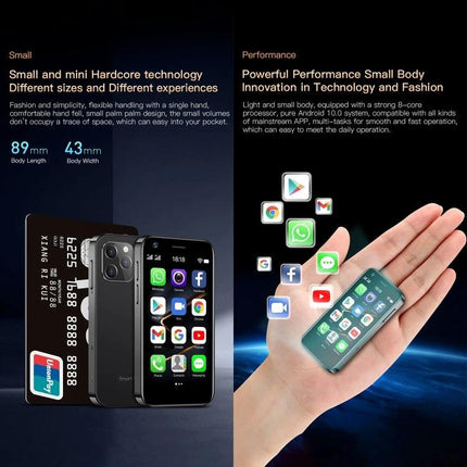 SOYES Smartphone for Everyday Communication and Browsing - compact small-body phone shown in hand with app icons and dimensions