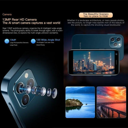 SOYES Smartphone for Everyday Communication and Browsing showing 13MP rear camera, wide-angle shots and city/landscape photo examples