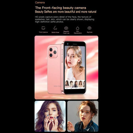 SOYES Smartphone for Everyday Communication and Browsing - compact pink phone showing front-facing beauty camera and model selfies