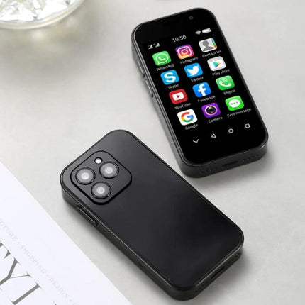 Handy Compact Smartphone for Everyday Tasks and Travel showing small black pocketable phone with app icons and dual-camera back