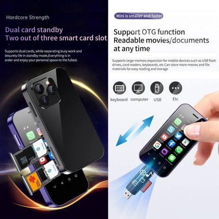 Handy Compact Smartphone for Everyday Tasks and Travel showing dual SIM, microSD slots and OTG USB connectivity for emails navigation and calls
