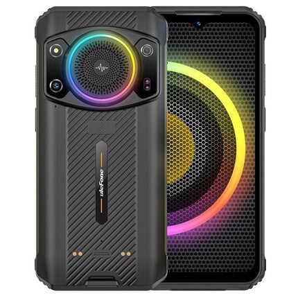 Armor 21 Smartphone for Everyday Outdoor and Work Tasks rugged black phone with circular RGB rear speaker and textured back