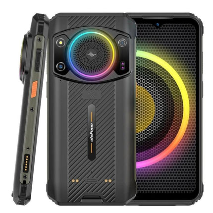 Armor 21 Smartphone for Everyday Outdoor and Work Tasks shown rugged black phone with colorful rear speaker ring and front display
