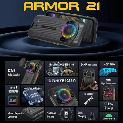 Armor 21 Smartphone for Everyday Outdoor and Work Tasks rugged phone with halo speaker, 64MP camera, 9600mAh battery, IP68 protection