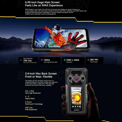 Armor 21 Smartphone for Everyday Outdoor and Work Tasks - rugged phone with 6.95in main screen and 3.4in back screen showing outdoor action and specs