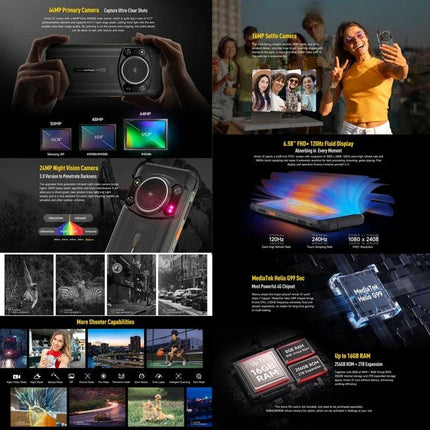Armor 21 Smartphone for Everyday Outdoor and Work Tasks showcasing rugged camera, 6.58" display, MediaTek Helio G99 SoC and outdoor use scenarios