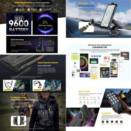 Armor 21 Smartphone for Everyday Outdoor and Work Tasks rugged phone showcasing 9600mAh battery, armor mount, expansion connector and outdoor use