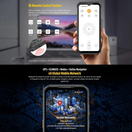 Armor 21 Smartphone for Everyday Outdoor and Work Tasks showing IR remote app and GPS 4G connectivity in rugged outdoor work scenario