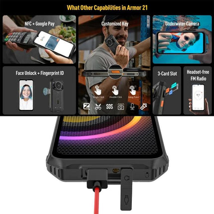 Armor 21 Smartphone for Everyday Outdoor and Work Tasks showing rugged design, NFC Google Pay, underwater camera, fingerprint ID, 3-card slot