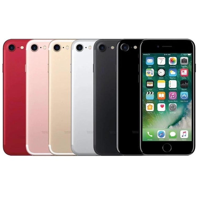Apple iPhone 7 32GB Unlocked Mix Colors Used (A) Grade, iPhone 7 32GB - Row of mix color used A grade phones showing front and back