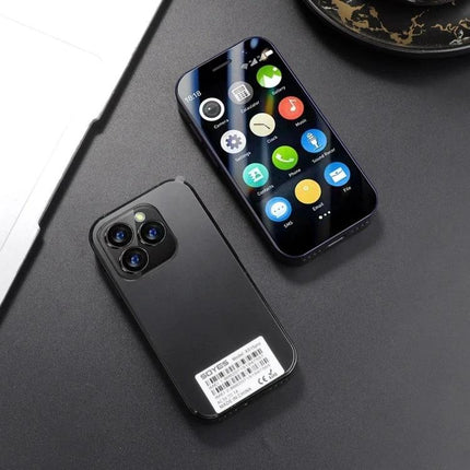 SOYES XS15 Pro Smartphone for Everyday Communication and Browsing - compact black device shown front and back on a desk, ideal for calls and browsing