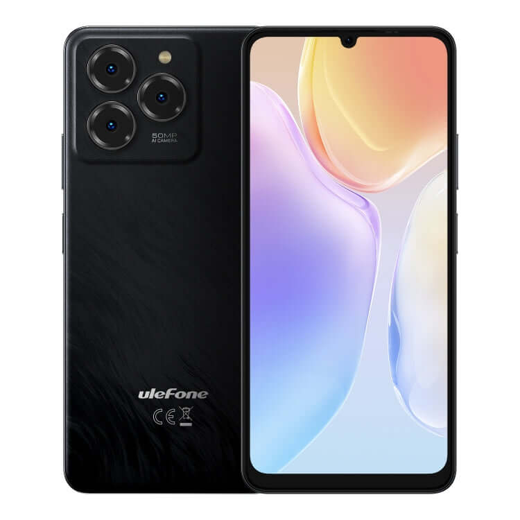 Ulefone Note 20 Pro in satin black with 6.75" display and triple camera setup, showcasing its sleek design and powerful features.